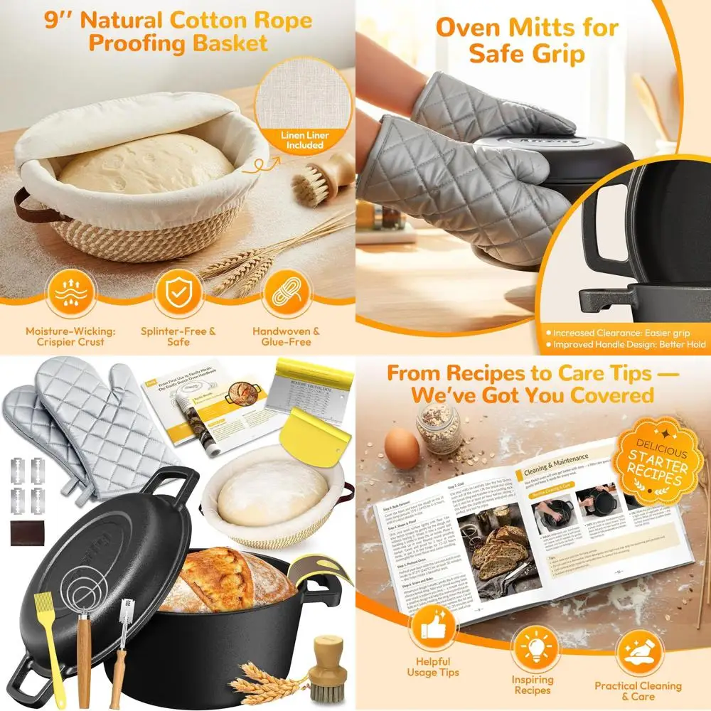 

Стартовый набор для закваски с голландской печью, рукавицами, баннетом, хлебом, горшом емкостью 5,46 кварты для выпечки, жарки, тушения и наружного применения
