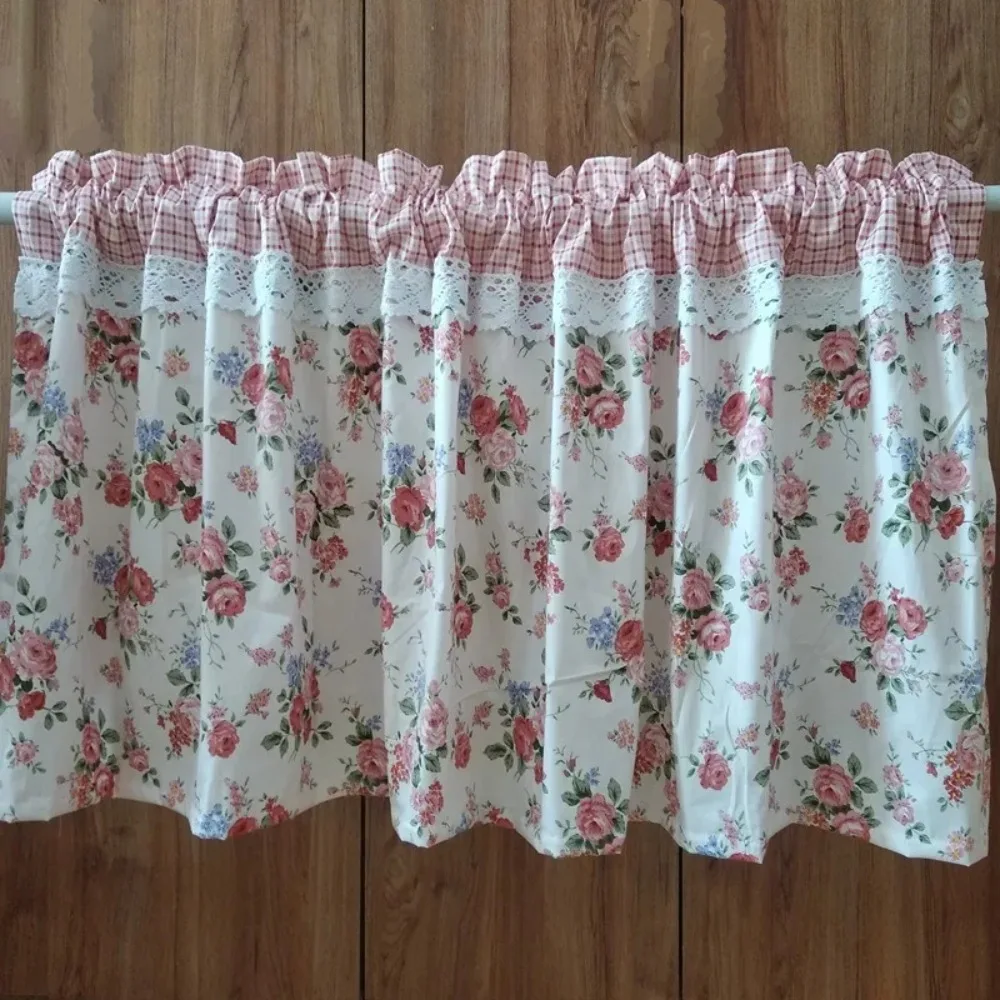 Korean Flowers Cotton Short Curtains Cloth for Living Room Japanese Pastoral Lace Half Curtains for Kitchen