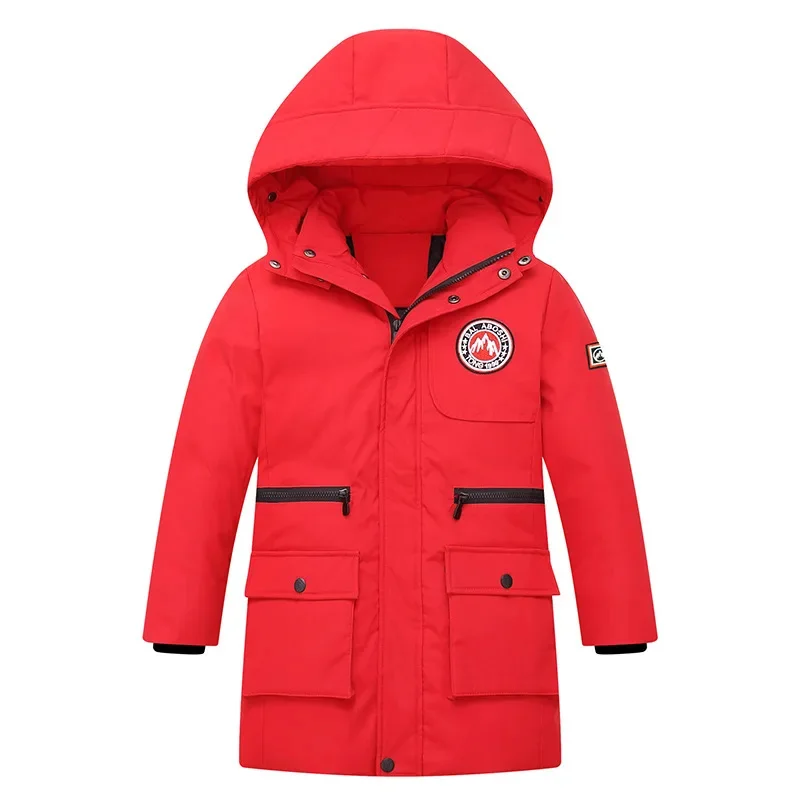 Kids Boys Girls Long Loose Thick White Duck Down Black,Blue,Red Baby Coat, Teenagers Hooded Padded Jacket Clothes Winter