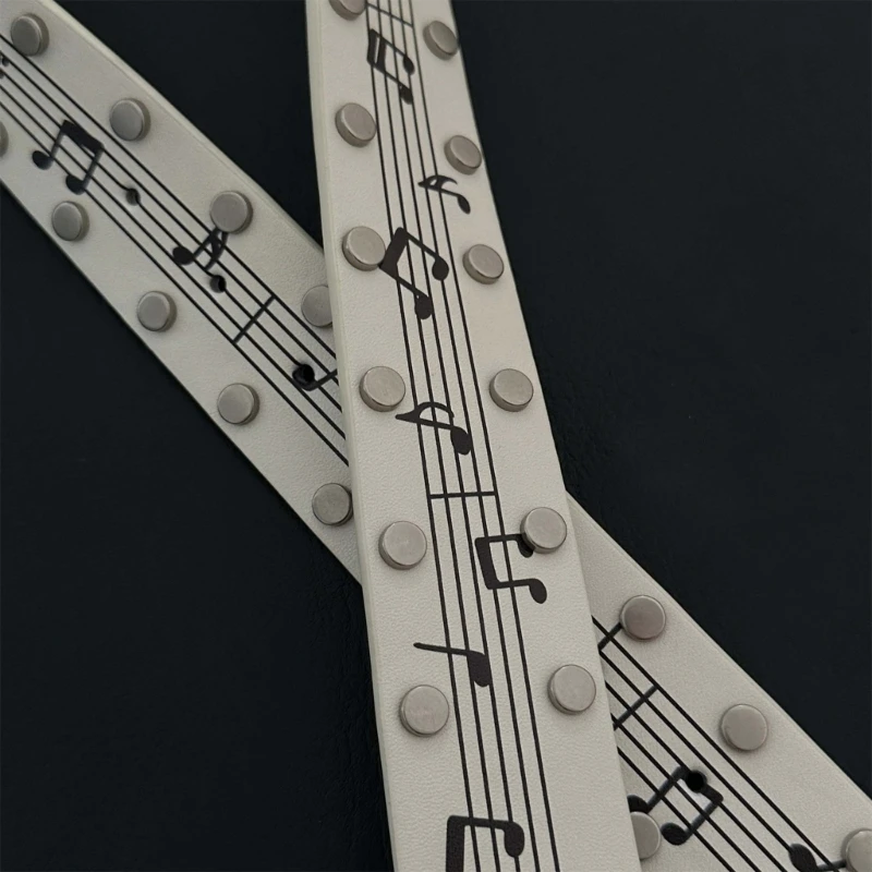 Music Note Metal-Accented Belt for Men and Women, White PU Sash with Musical Staff Print, Shaped Metal Closure and Y08E