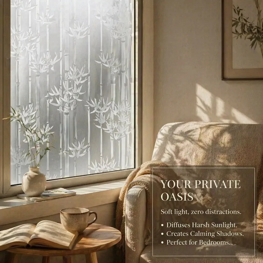 Self-Adhesive Ink Bamboo Window Film, Oriental Bamboo Forest Frosted Privacy Glass Sticker With Built-in Glue Back