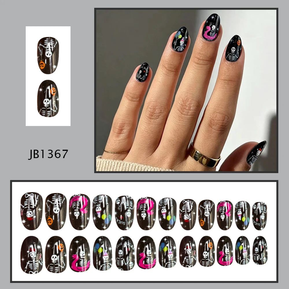 Funny Halloween Press‑on Nails Short Oval Shape Black Background Playful Skeleton Party Balloon Pink Flamingo Design