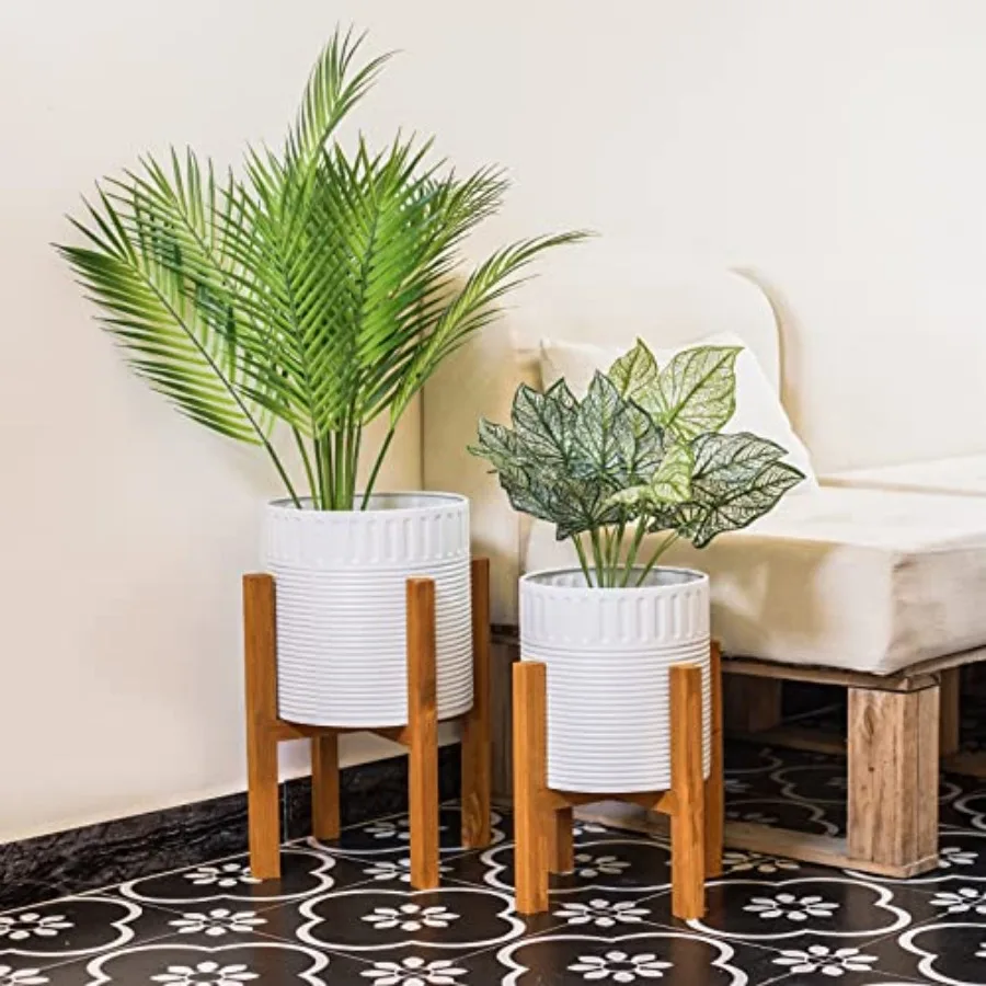 

2-Piece White Metal Planter Set with Wood Stand Indoor Mid Century Modern Planters with Drainage 8" and 10"