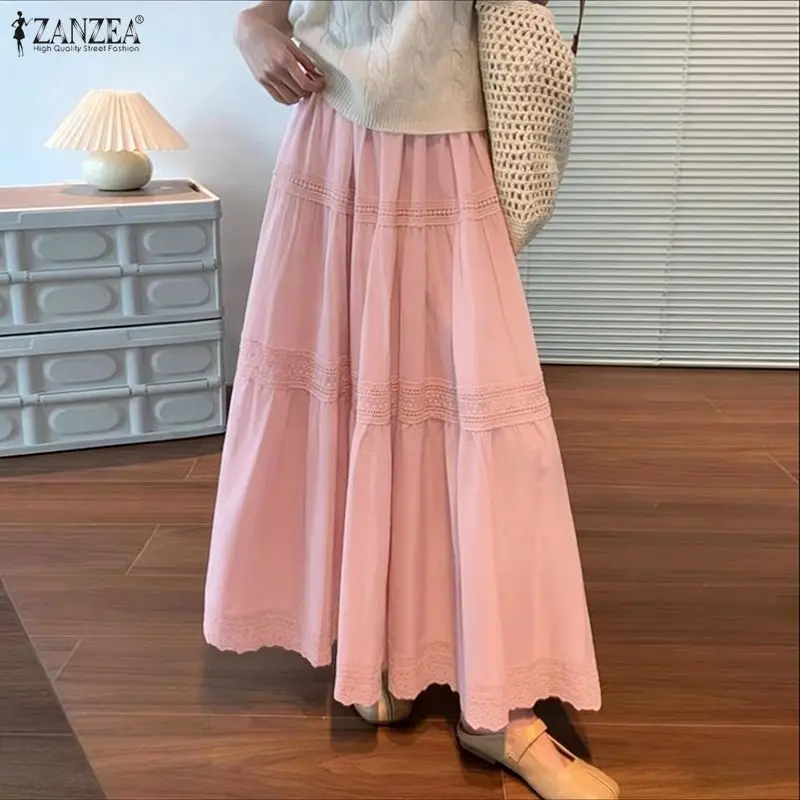 

Модные женские длинные юбки ZANZEA, летние и весенние однотонные юбки с кружевными вставками, уличная одежда, повседневные юбки А-силуэта для офиса и вечеринок