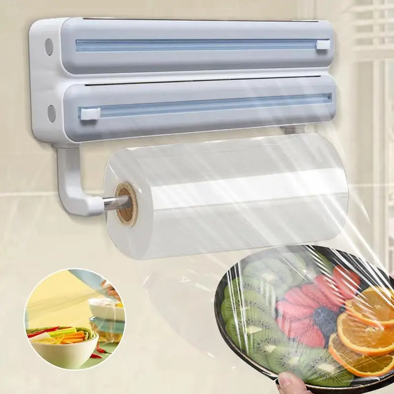 Cling Wrap Dispenser Wall Mount Kitchen Aluminum Foil Storage Organization Food Cling Wrap Film Cutter Wrap Storage Box