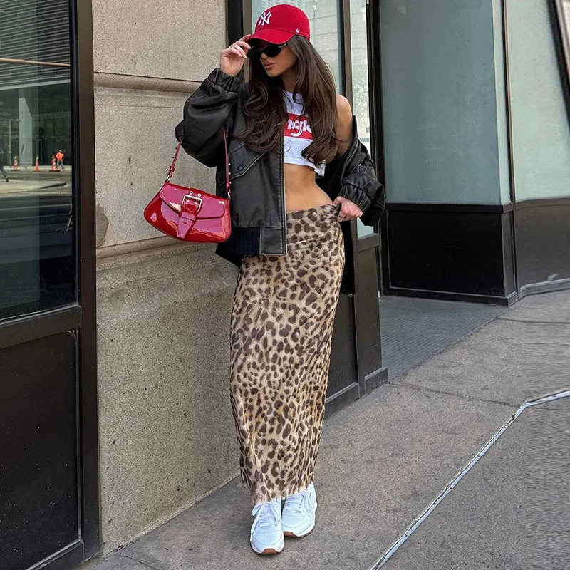 YUZHEXI Summer leopard print high-waist skirt women mesh dress with lining party vacation casual outfit