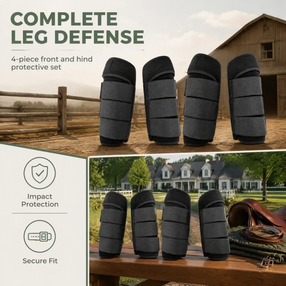 4 Pcs Waterproof Fabric Horse Splint Boots Medium Large Size Black Tone Horse Leg Protective Boots Hook And Loop Straps