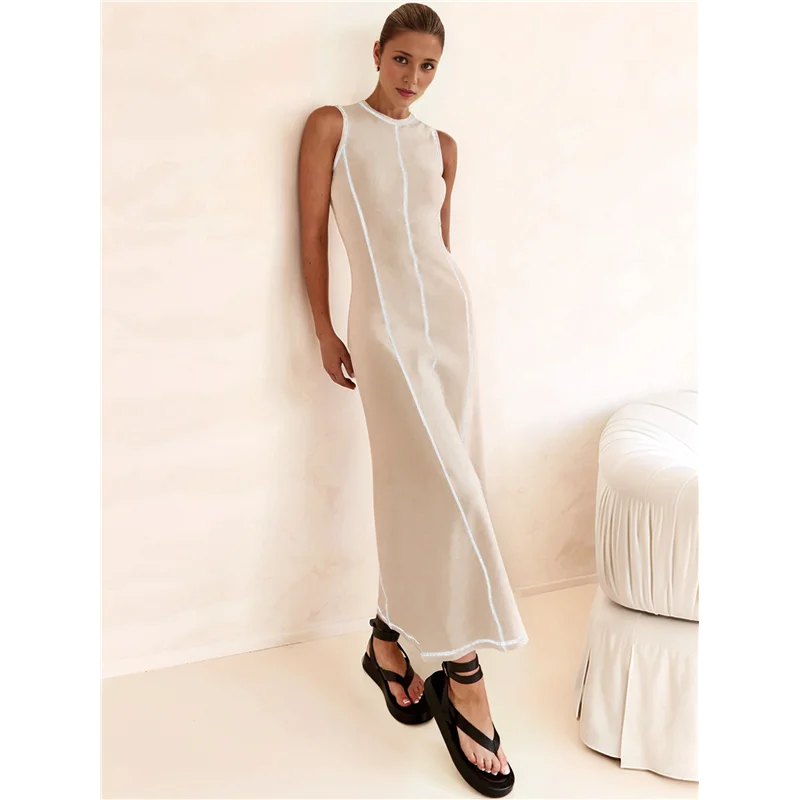 เดรสเสื้อยืดแขนกุดผู้หญิง A09P สำหรับฤดูร้อน ผ้าถักลายริบตัดสี ทรงแม็กซี่