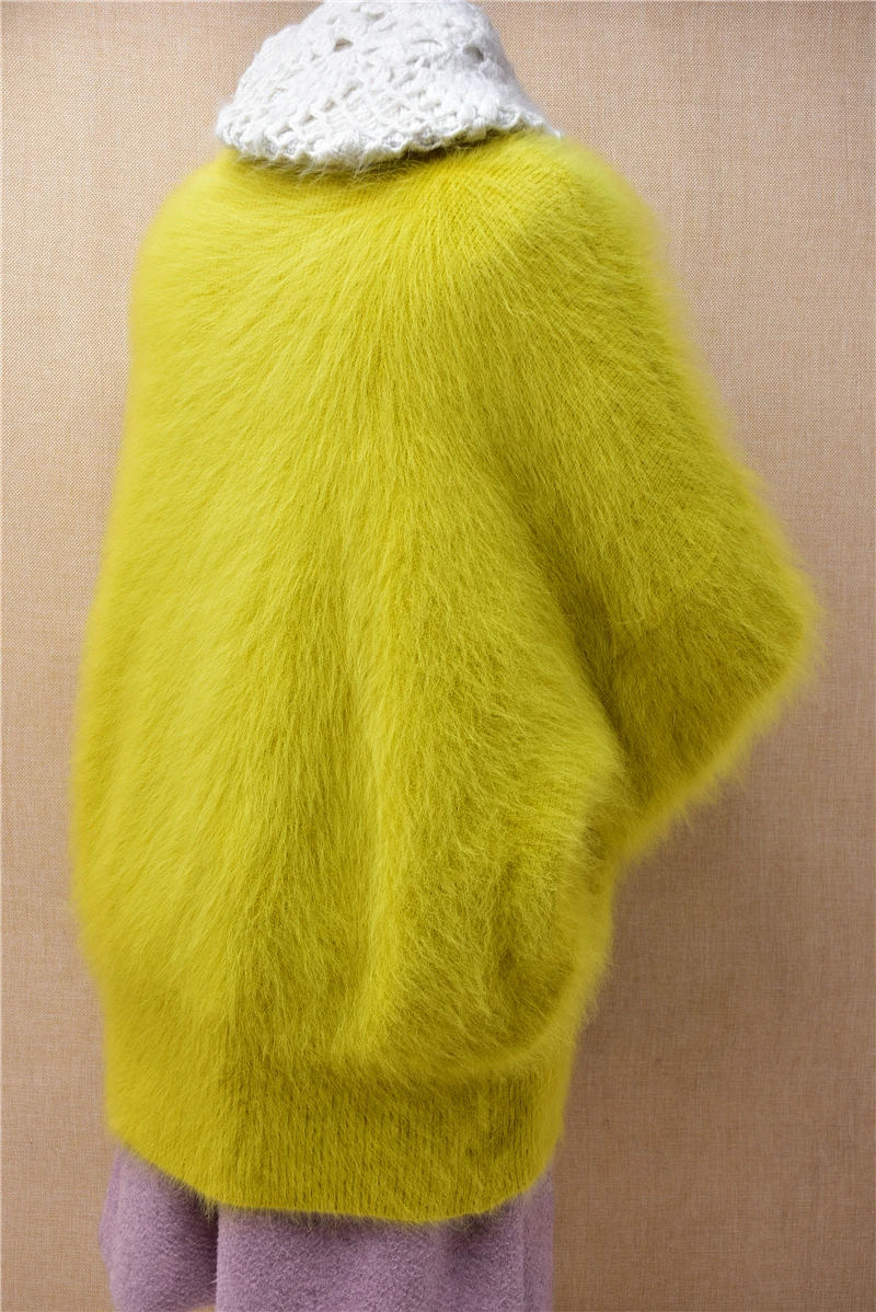 Ladies Women Fashion Fall Winter Green Hairy Mink Cashmere Knitted Long Batwing Sleeves O-Neck Loose Pullover Jumper Sweater Top