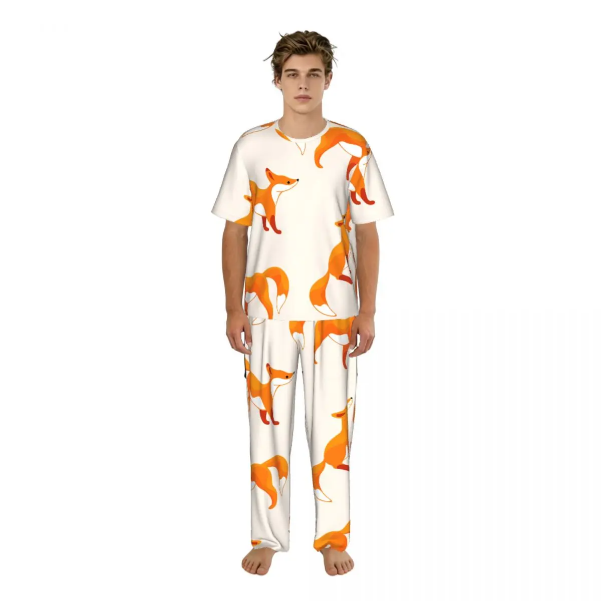 

Мужской пижамный комплект с мультяшным принтом лисы, с коротким рукавом, весенне-летняя домашняя одежда, мужская ночная одежда