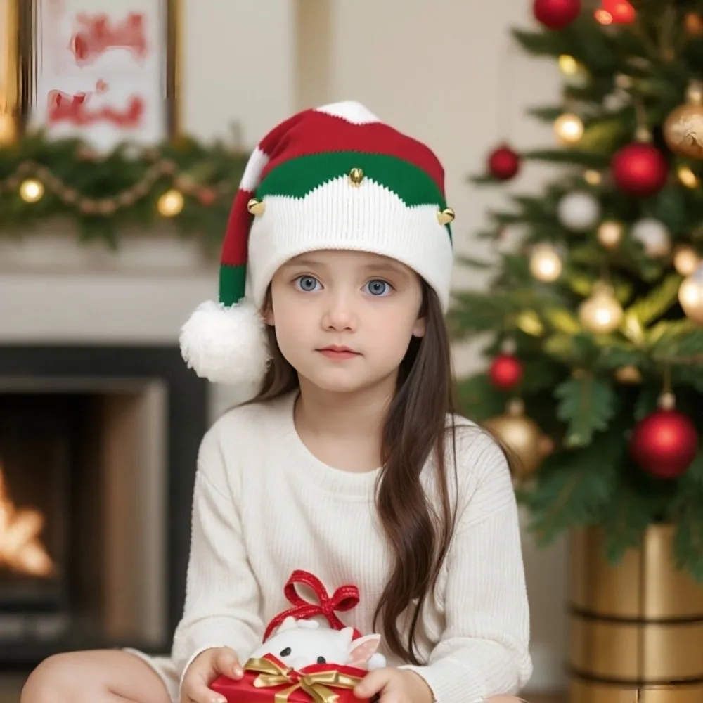 All-match Merry Christmas Hat Christmas Knitted Hat Green Red Crochet Santa Beanie Hat Ball Warm Woolen Hat Adult