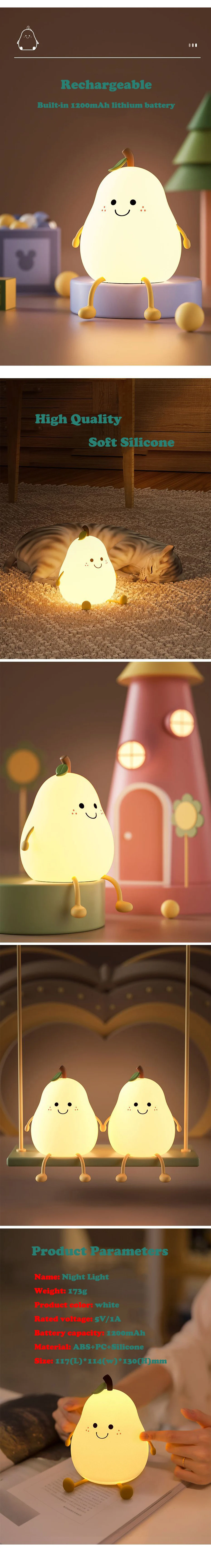 Rechargeable LED Cartoon Pear Nightlight, Silicone Light, Bedside Decor, Color Changing, Atmosphere Lamp for Kids, Holiday Gifts