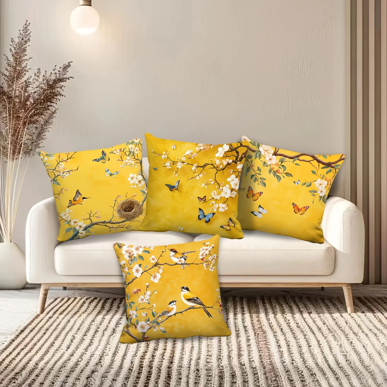 4pc Yellow Blossom Branch Pillow Covers Featuring Classic And Elegant Designs with Flowers And Butterflies Decoration Pillowcase