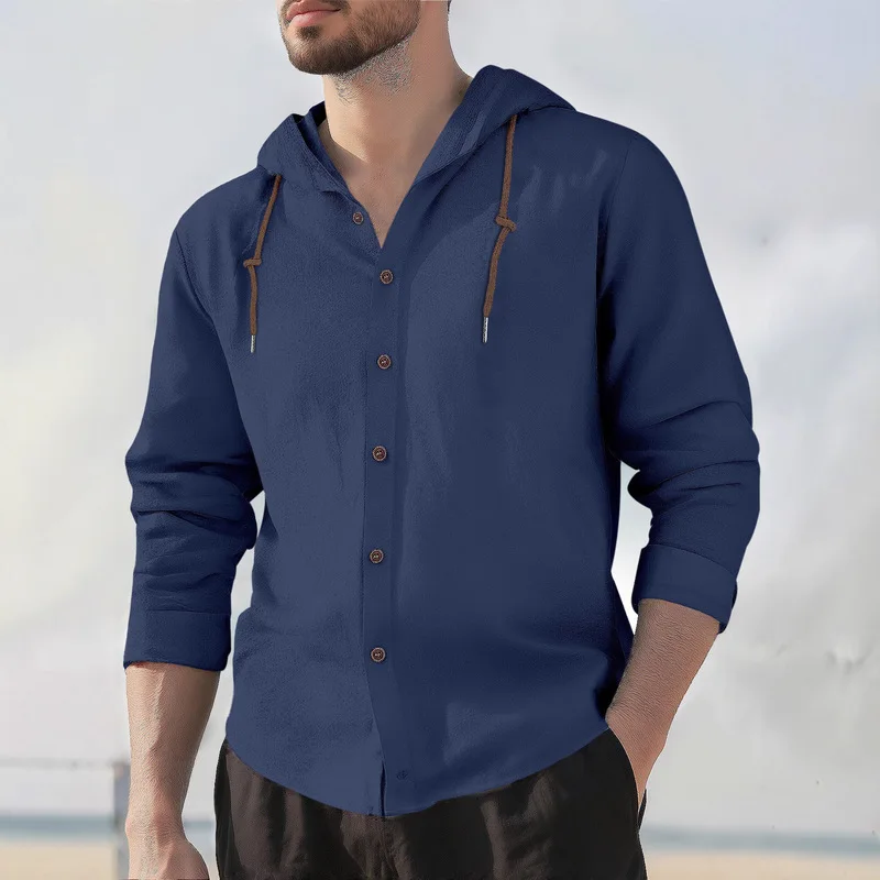 B&C Men's Hooded Shirt Navy Blue Button Down Long Sleeve Drawstring Casual Top for Daily Wear Outdoor