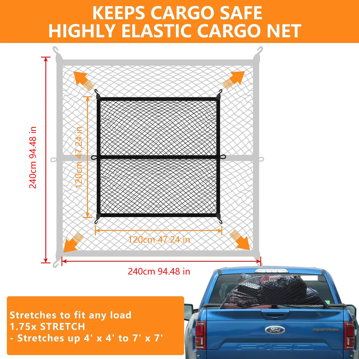 120X120cm Highly Elastic Cargo Net Stretchable Truck Bed Cargo Mesh Organizer Suitable for Pickup Daily Light Loads of Trucks