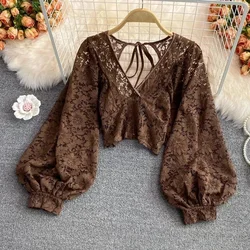 Sexy Lace Hollow Out Blouse Women Summer V-Neck Puff Sleeve Backless Tops Casual Korean Slim Lace Up Solid White Crop Tops