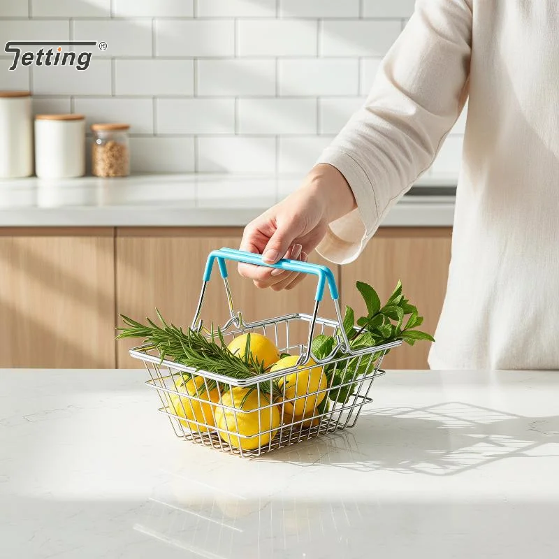 1Pcs Metal Wire Storage Baskets With Colorful Non Slip Handles For Home Office Stationery Organization