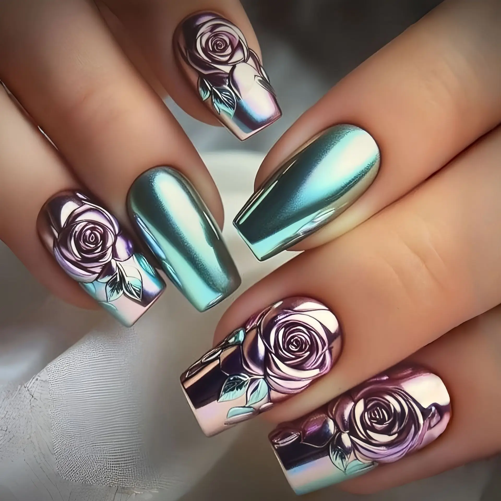 เล็บปลอมแบบกดติดทรงอัลมอนด์ขนาดกลาง สีดำ ทอง ม่วง เขียว ลายผีเสื้อ ดอกไม้ สำหรับฤดูใบไม้ร่วงและฤดูหนาว