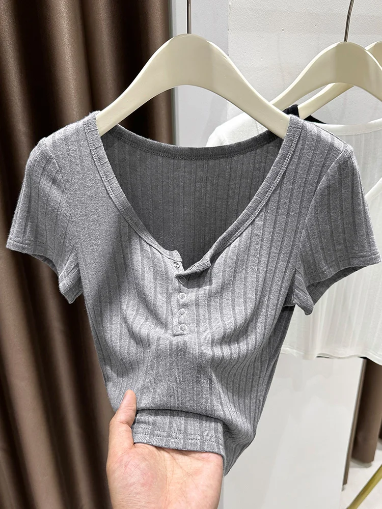 

Pure Desire Spicy Girl Low Ne ort Sve T-irt Women Summer Knitted Ice Silk Anti Stripe f Open Ne ort Base irt