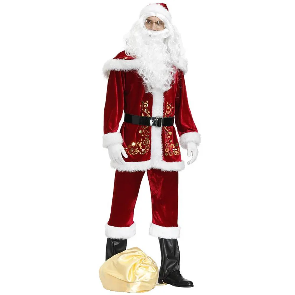 Plus size deluxe veludo adultos traje de natal cosplay casal papai noel roupas fantasia vestido de natal uniforme terno para homens