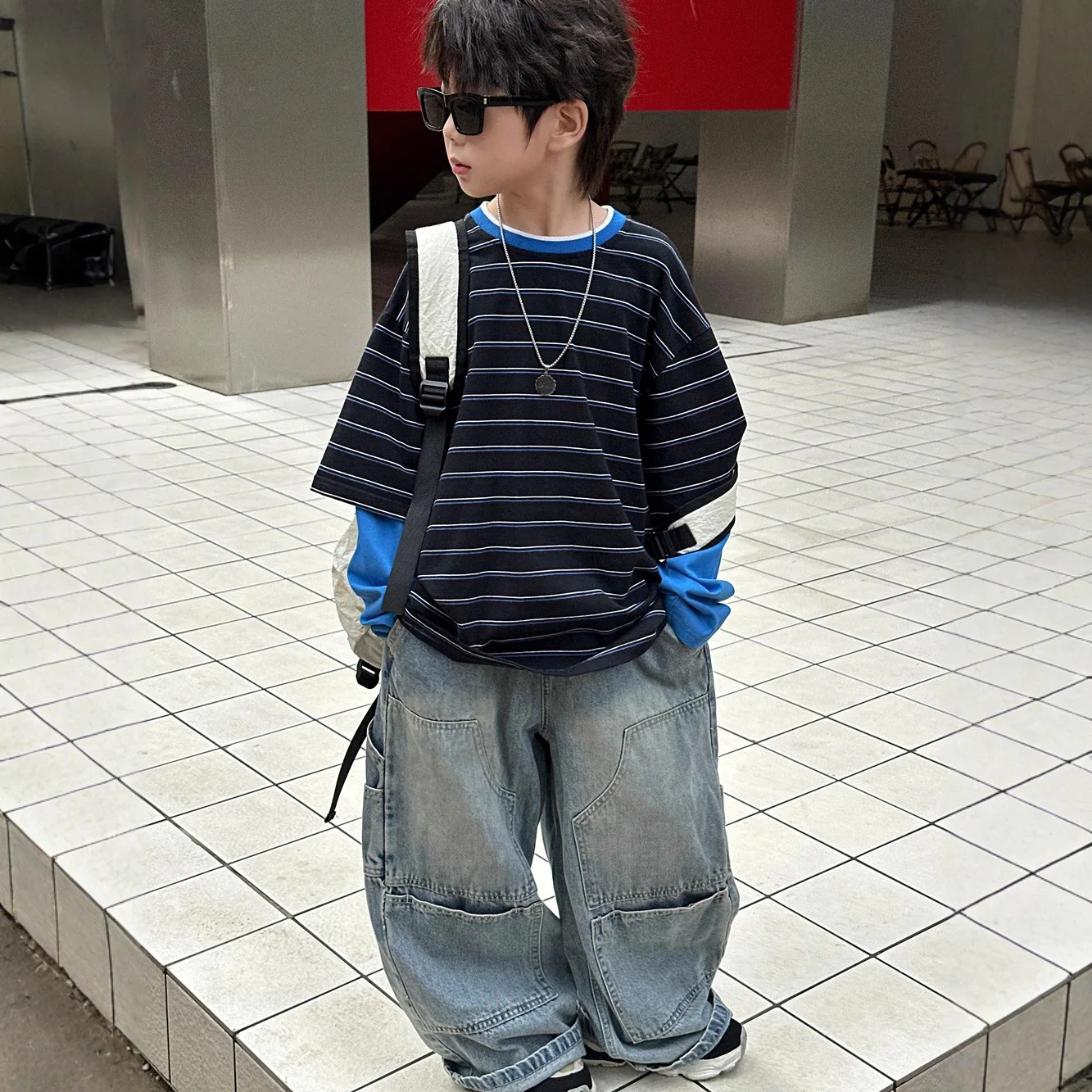 Boys False Two-piece T-shirt 2025 Autumn New Korean Fashion Casual Daily Patchwork Long Sleeve Striped Top Kids Cotton Top