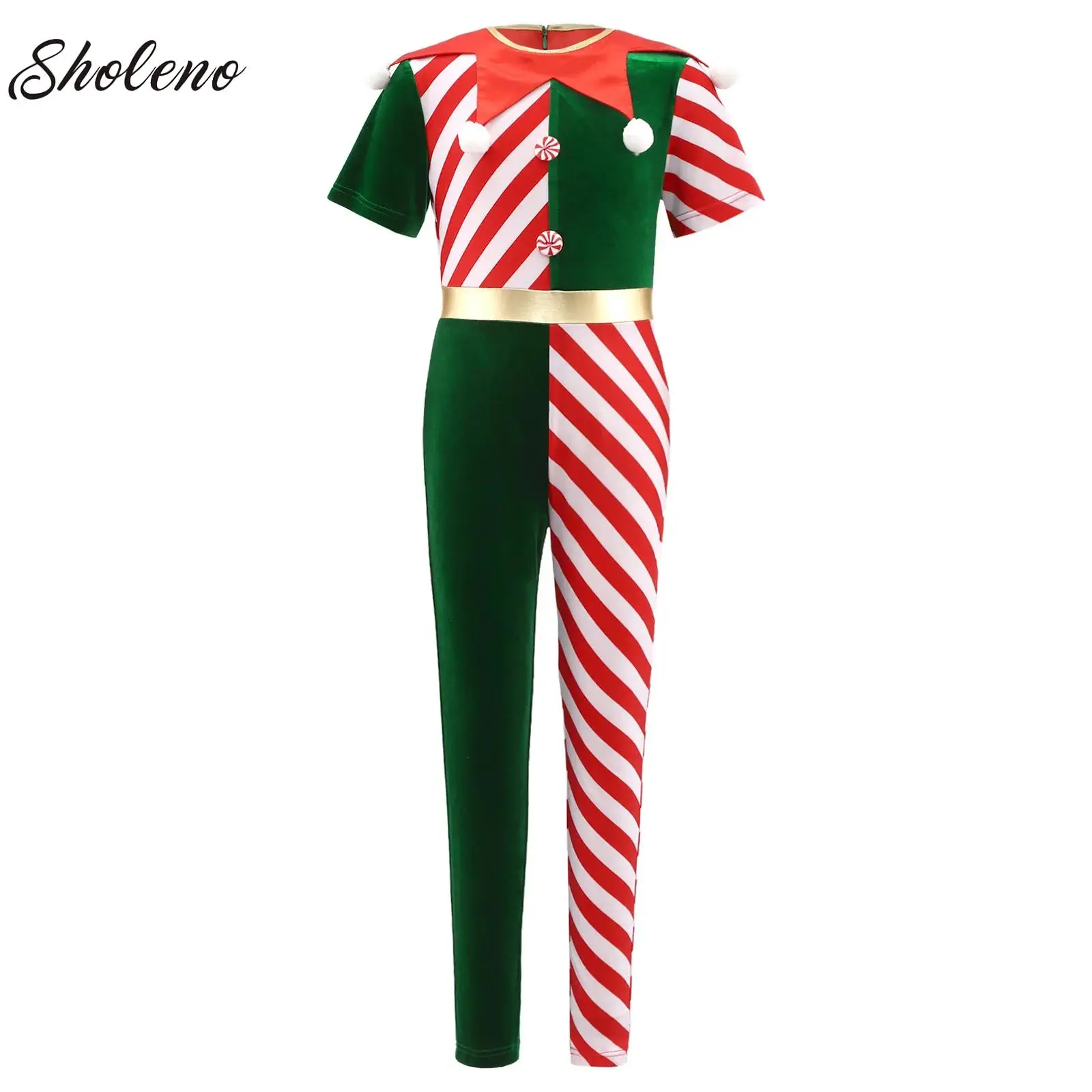 

Boy Christmas Candy Cane Patchwork Jumpsuit Pompom Decor Ballet Dance Gymnastics Leotard Xmas New Year Party Performance Costume