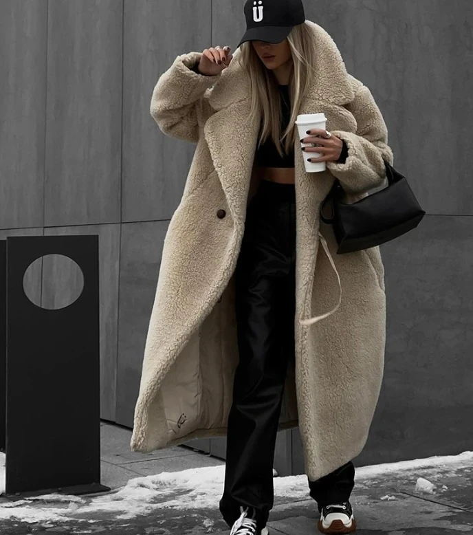 

Fleece Lambswool Coat Women's V-Neck Pocket Button Long Warm Overcoat Winter New