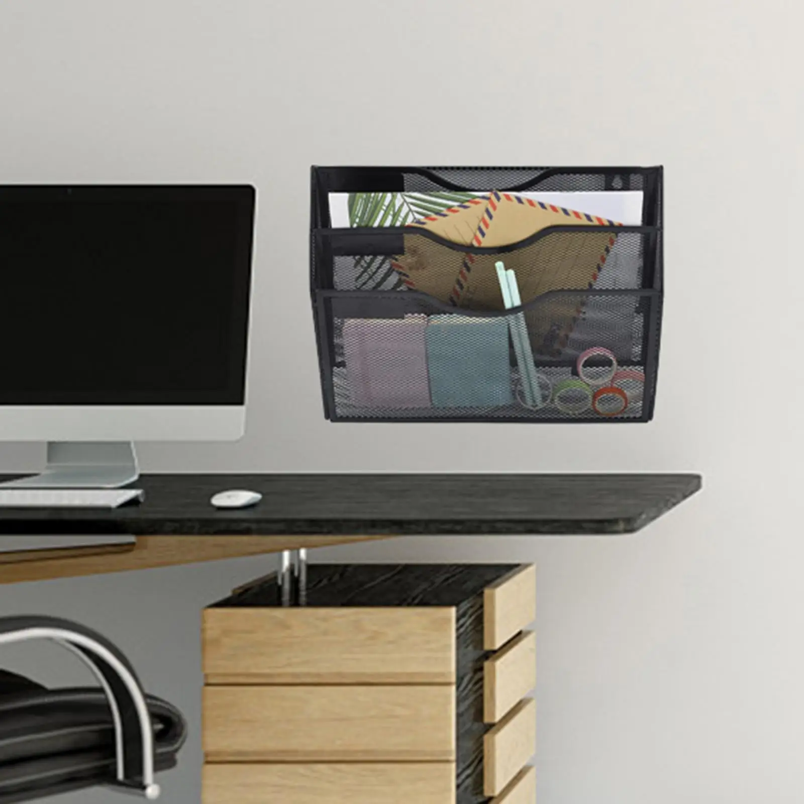 Wall Mounted Mesh File Holder Rack Office Organizer 3 Pockets Displaying and Holding files Storage Newspaper A4 Information Rack