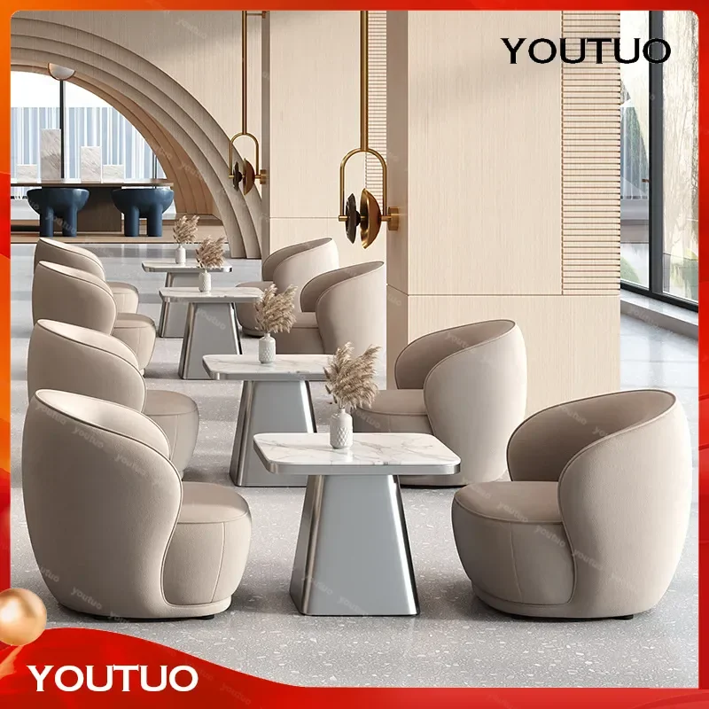  Light Luxury Beige Flannel Single Sofa Chair Set Hotel Lobby Sales Office Leisure Negotiation Table and Chair Combination