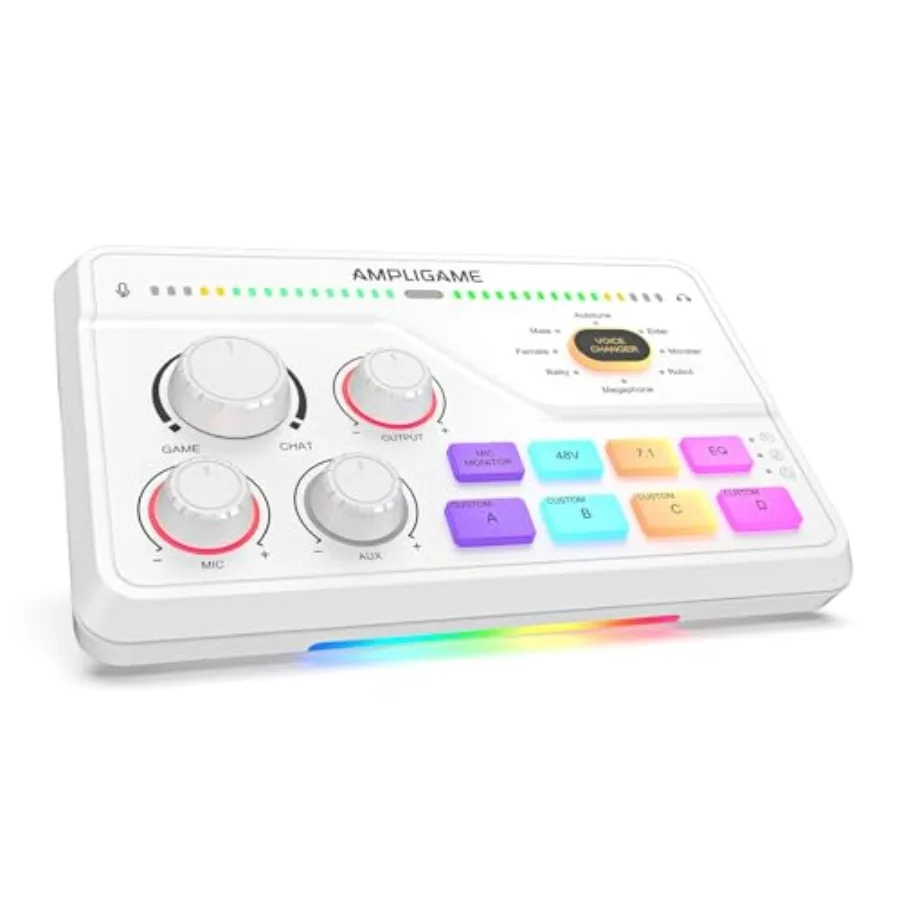 Audio Mixer for Gaming with 7.1ch Surround Sound-Volume Knob-Mute-Voice Chat RGB Computer Mixer with XLR Mic Interface Compatib