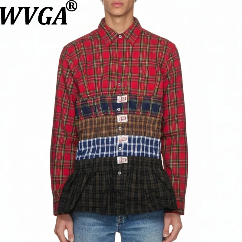 

WVGA Spring Autumn New Men Tide Multi-Color Plaid Patchwork Trendy Long Sleeve Shirt Niche Chic Casual Waist Cincher Tops W16980