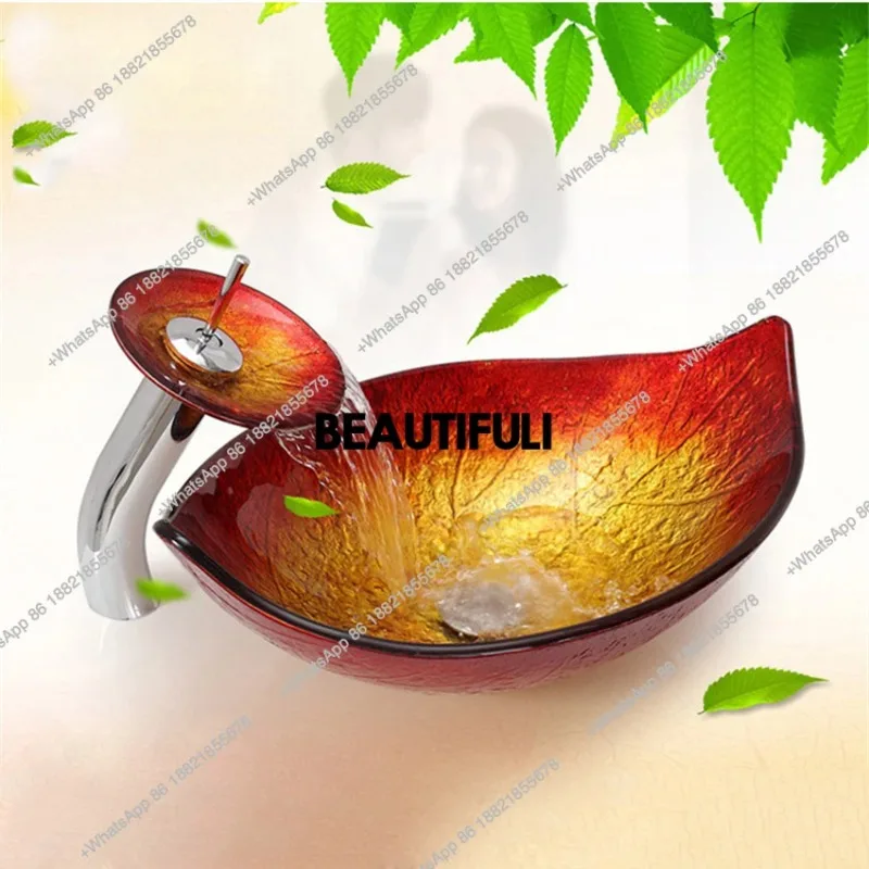 

R Small Bathroom Counter Basin Tempered Glass Wash Basin Modern Simplicity Leaf-shaped Art Washbasin Balcony Above Counter Basin