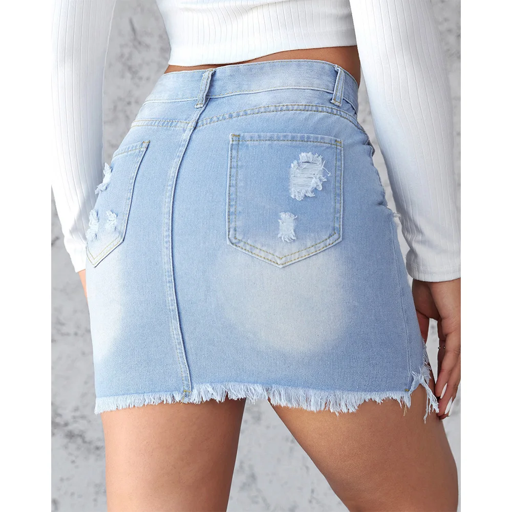 2024 Summer New Slim Fit Perforated Denim Skirt Women's Light Washed Fleece A-line Skirt Casual Slim Cowboy Skirt