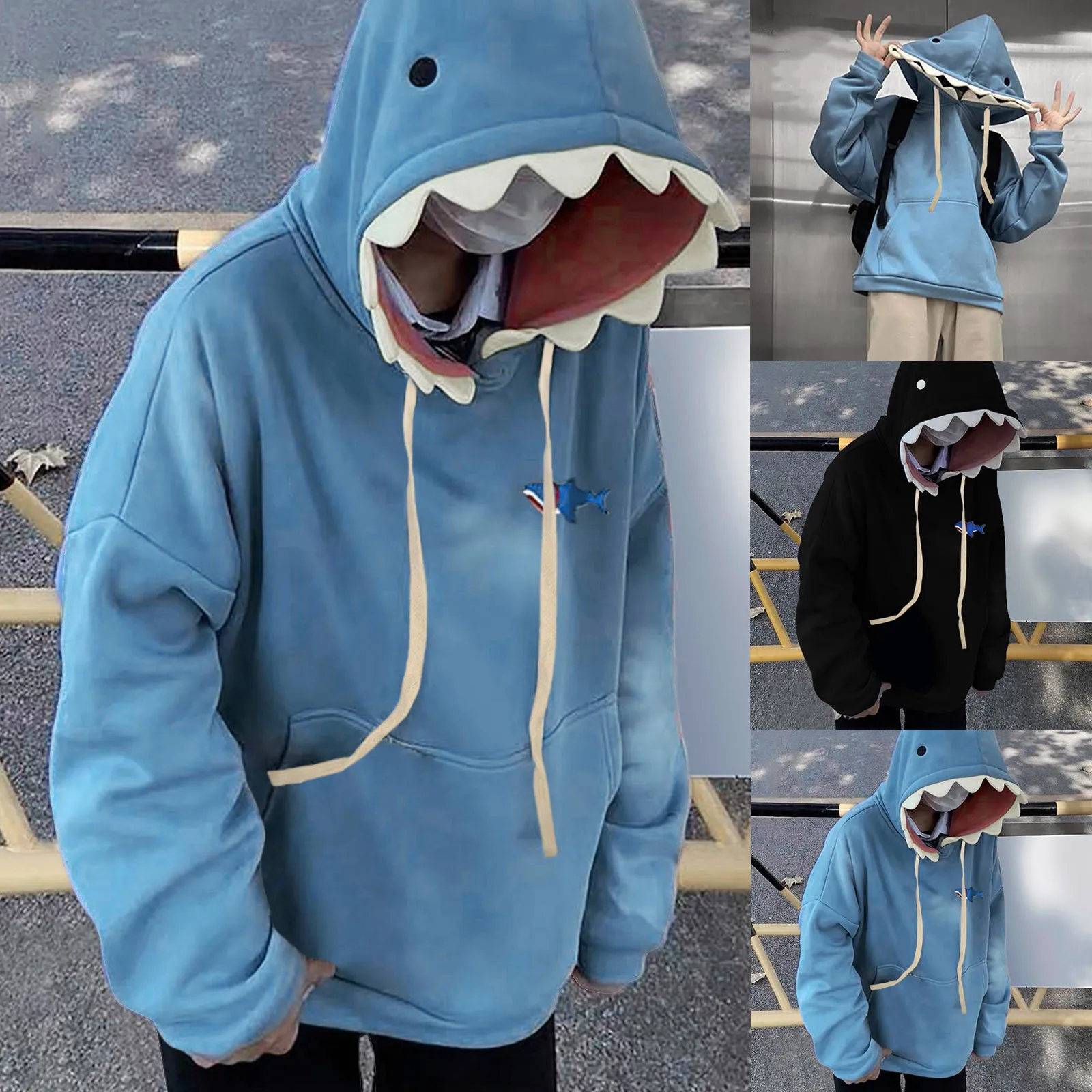 Sweat à capuche patchwork requin drôle pour hommes, sweat-shirt Kawaii d'automne, pull décontracté à manches longues, vêtements d'école pour couples, nouveau, 2024