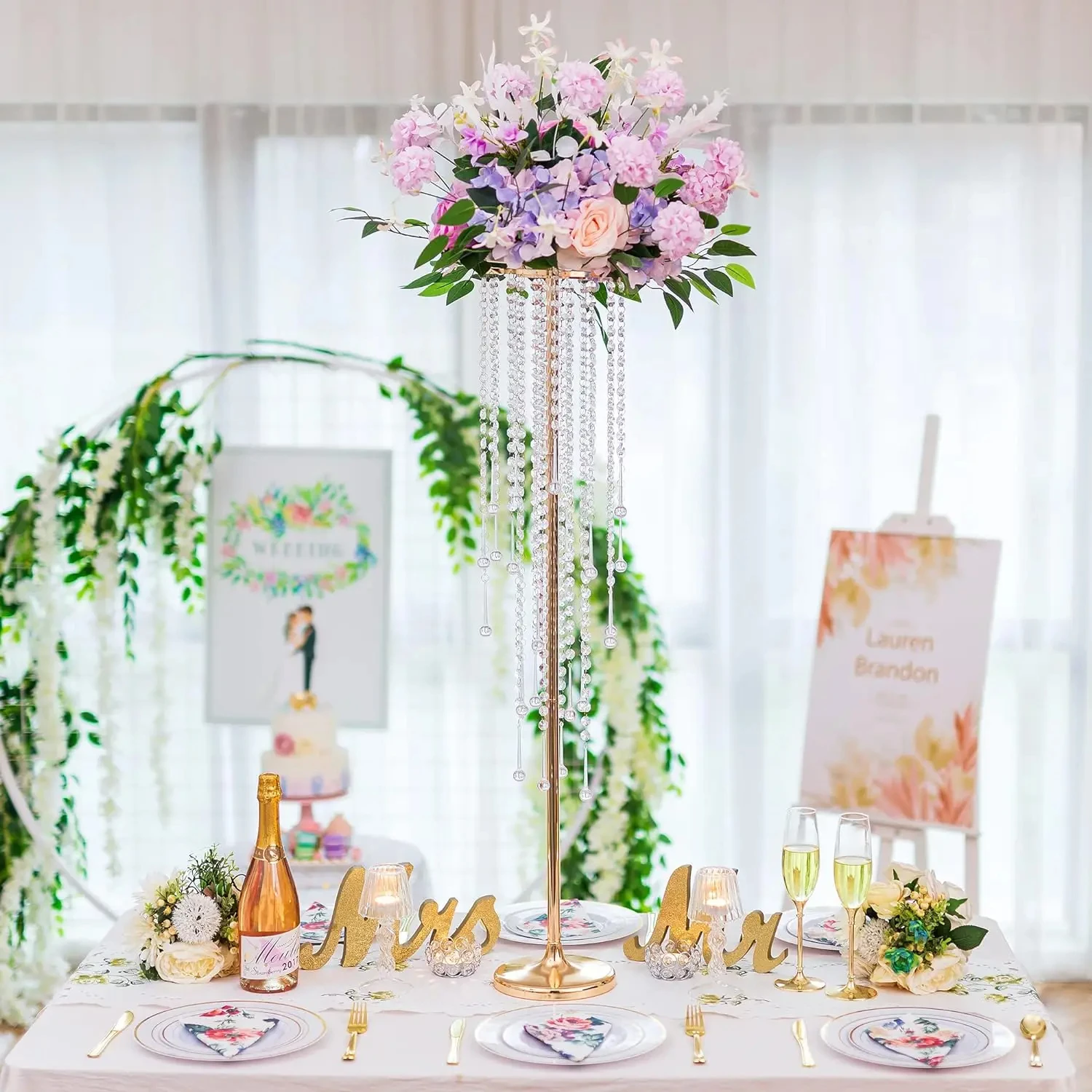 Hochzeitstisch-Mittelstück Blumenständer - 29,6 Zoll Goldvase mit Kristall-Kronleuchter, Mitteltisch für Außen- und Innendekoration – Detail 7