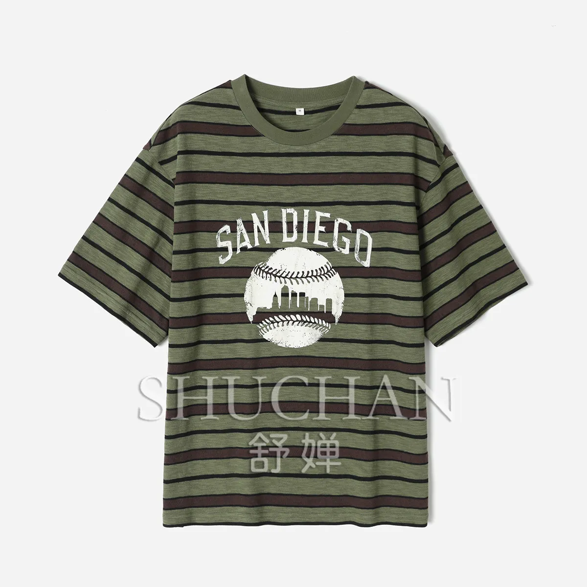 SHUCHAN T Shirt Summer Army Green Coffee Strip Crew Neck Striped Print Wide Shoulder Short Sleeve T-Shirt