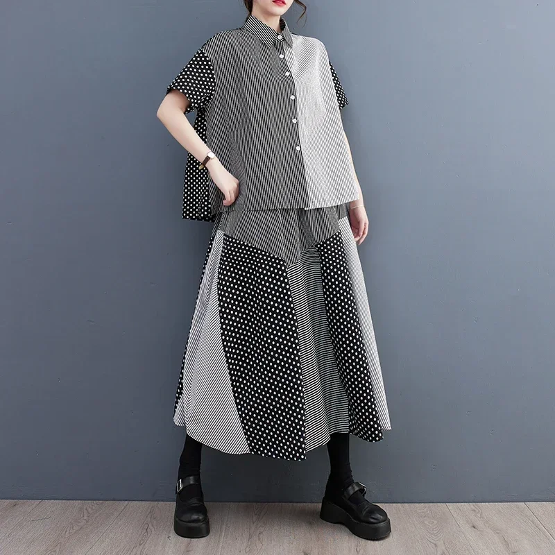 

Polka Dot Stripe Print Summer Casual 2 Two Piece Set Short Sleeve Loose Blouse Women Shirt Top Fashion Clothing Skirt Suit B287