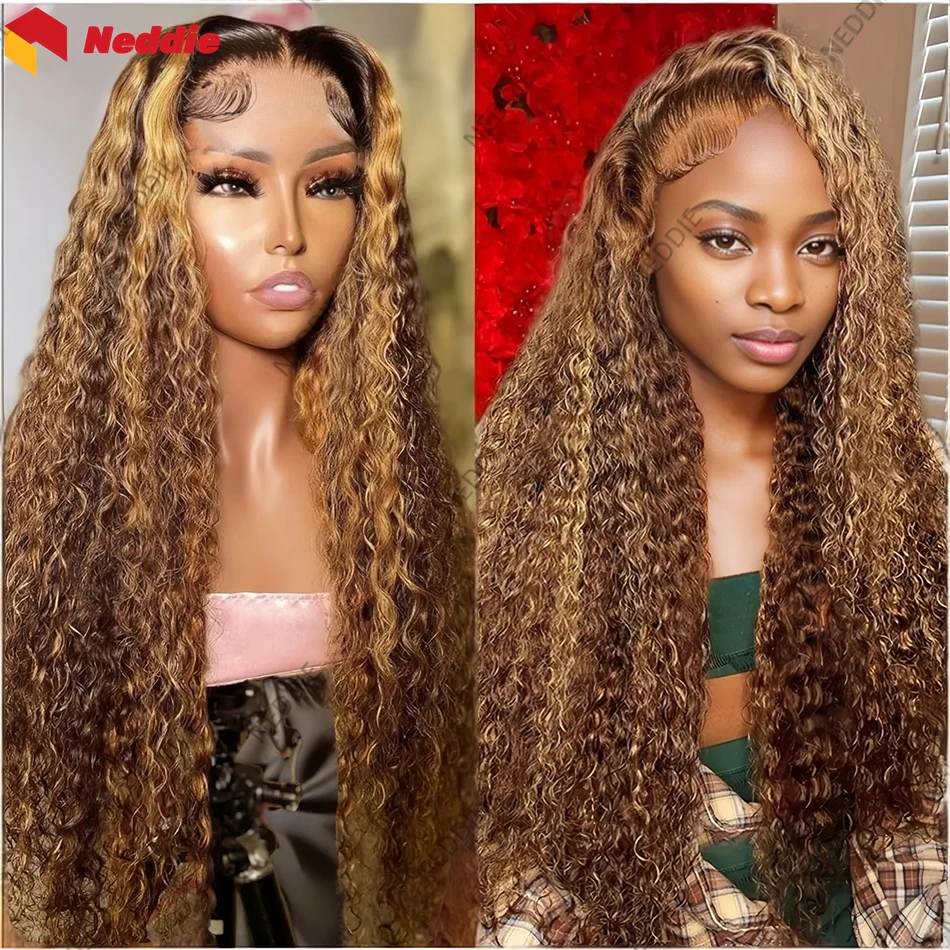 new Highlight Colored Curly 13x6 Lace Front Neddie Preplucked Free Wigs 100% Human Hair Long Lace Frontal Wig On Sale Clearance