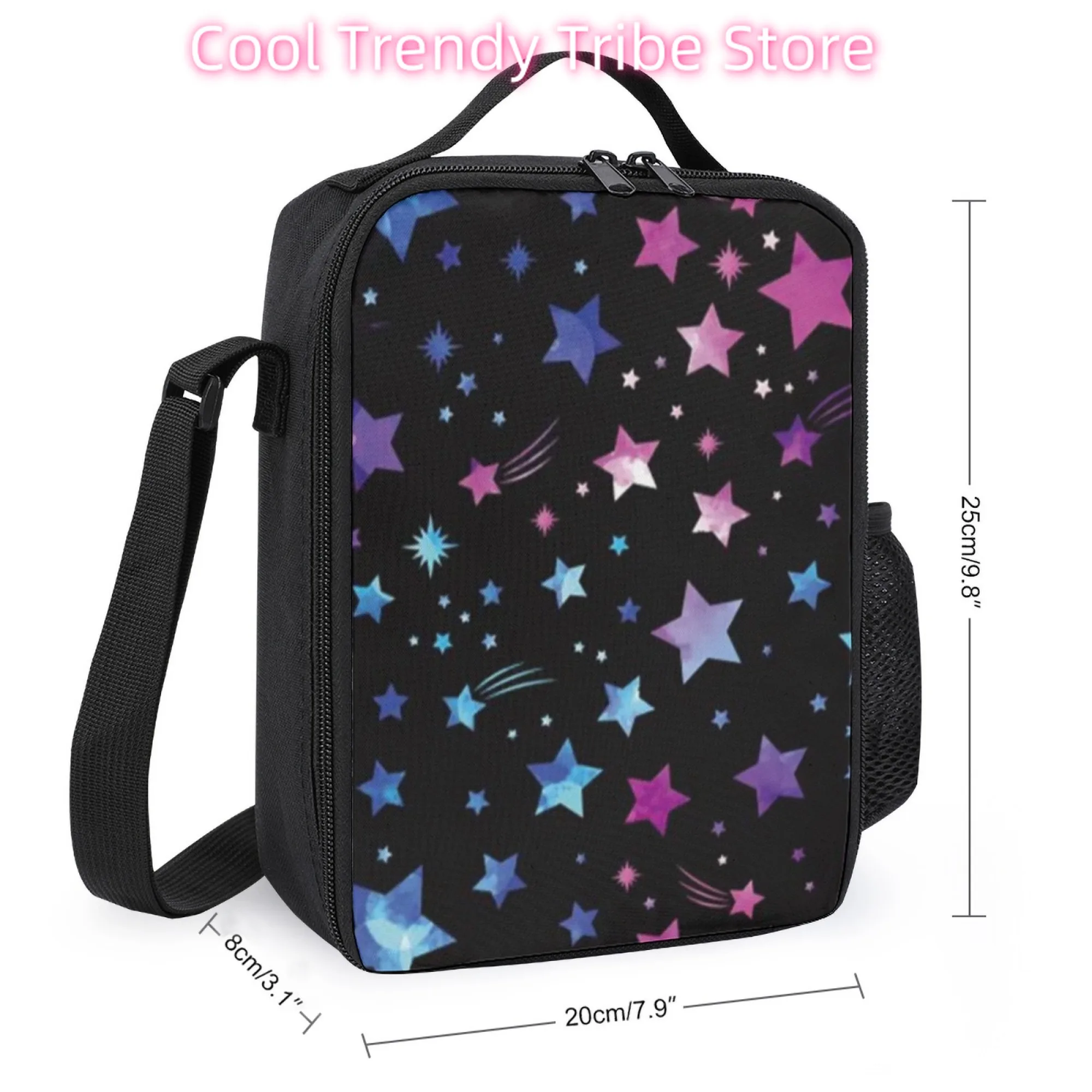3. Insulated Lunch Bag, Oxford Cloth Material, Vibrant Colorful Stars & Shooting Stars Pattern, Great for School/Picnic/Outdoor