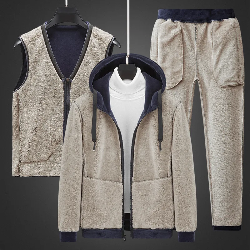 

Men Warm Cashmere Men's Hoodies + Vests + Pants Men Winter Plus Velvet Thick Tracksuit Casual Lamb Wool Set Three-pieces Sets