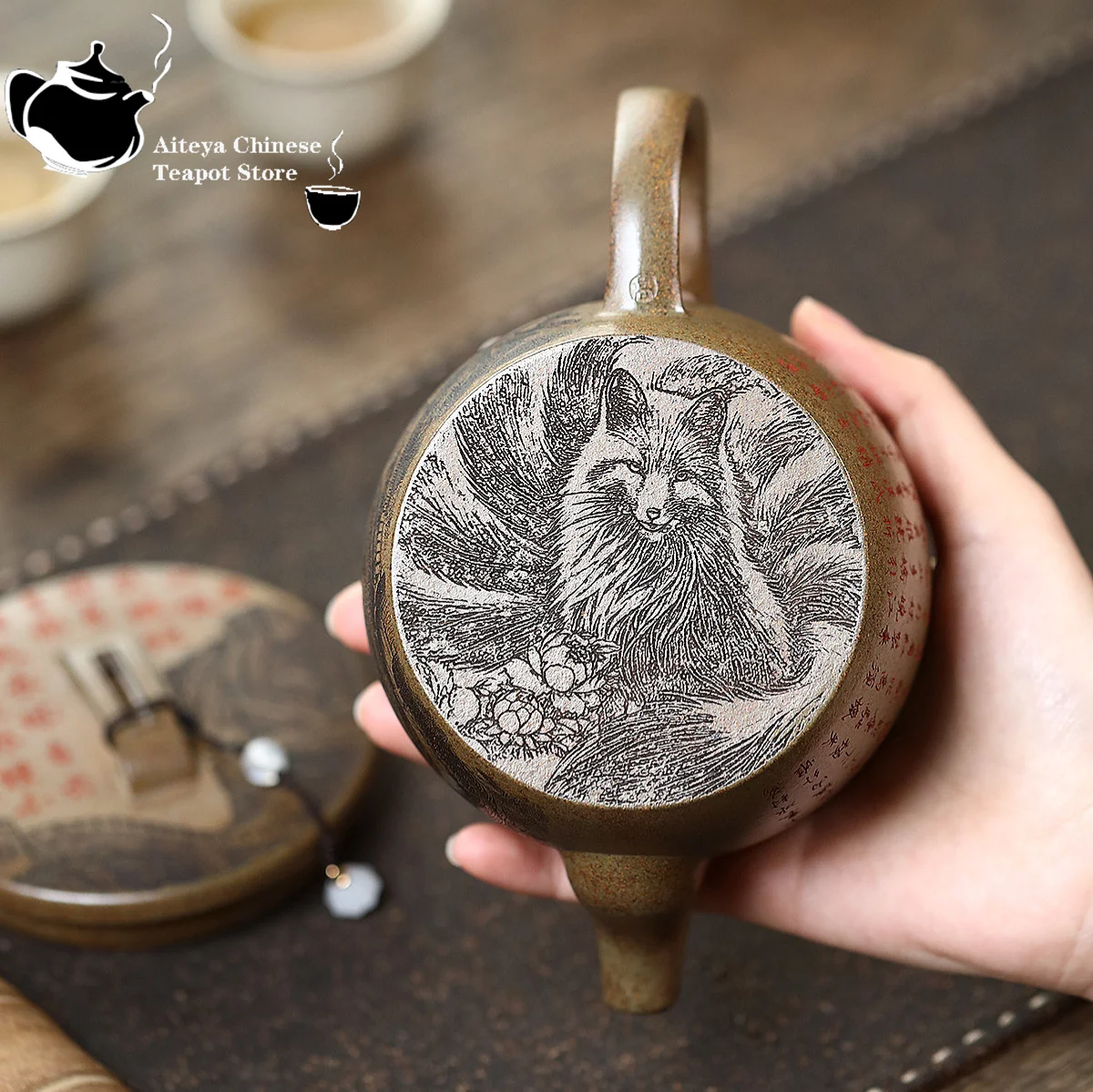 Yixing handmade purple clay teapot, original ore, agarwood mud, high-temperature wood burning, fully carved Hanwa tea set teapot