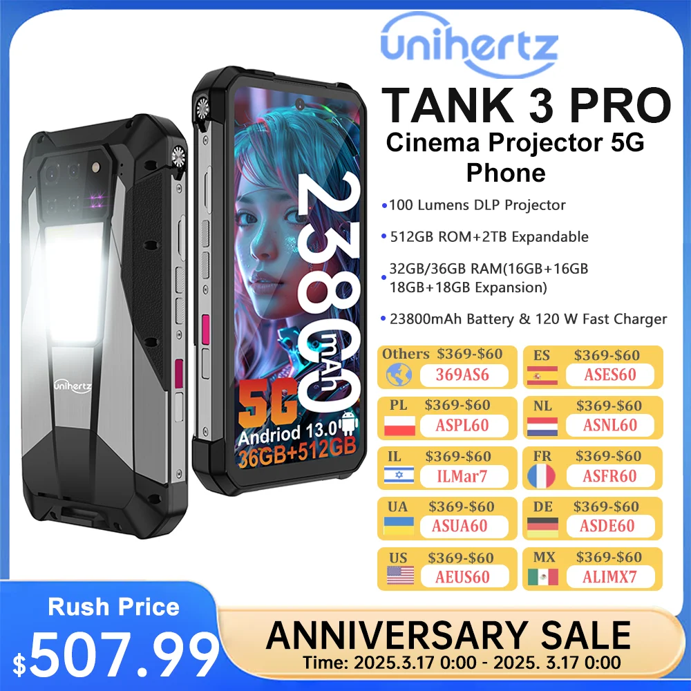 Unihertz Tank 3 Pro 8849 Projector Smartphone Android 14 5G Phone, 32GB 512GB, 200MP Camera, Dimensity 8200, IP68, Bluetooth 5.3