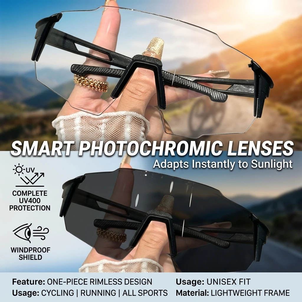 Outdoor Cycling Sunglasses Photochromic Windproof Sports Goggles for Men Women TR90 Frame UV Protection Running Hiking Fishing