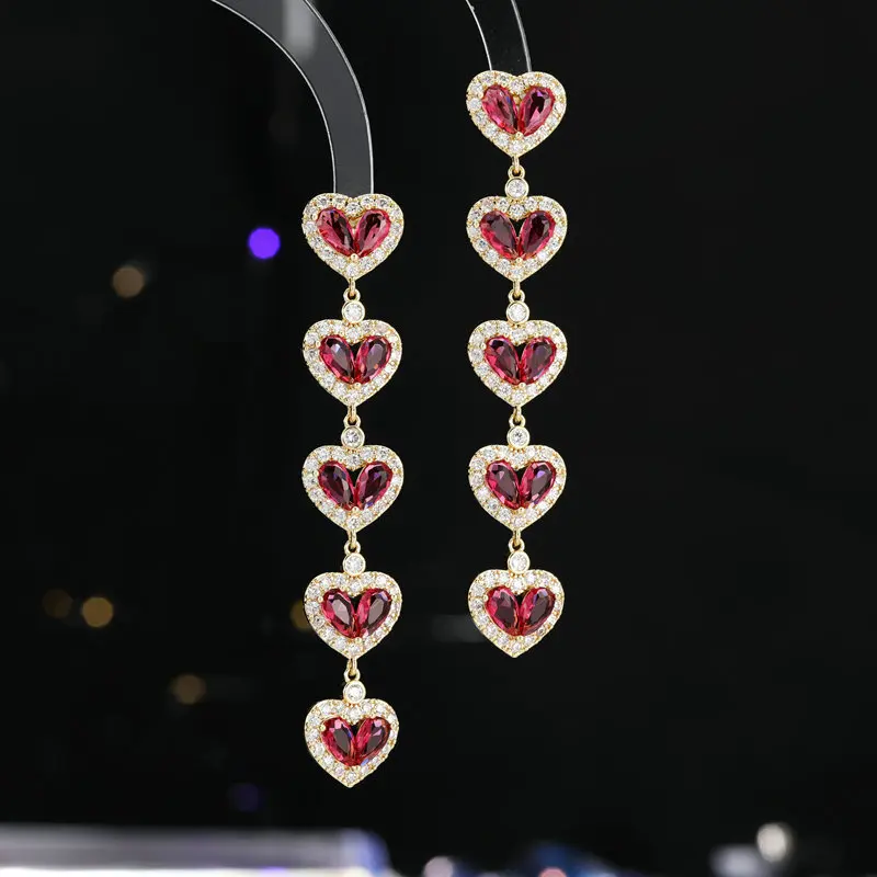 

women earrings long pendant heart tassel dangling earrings zirconia red green multicolor sweet jewelry