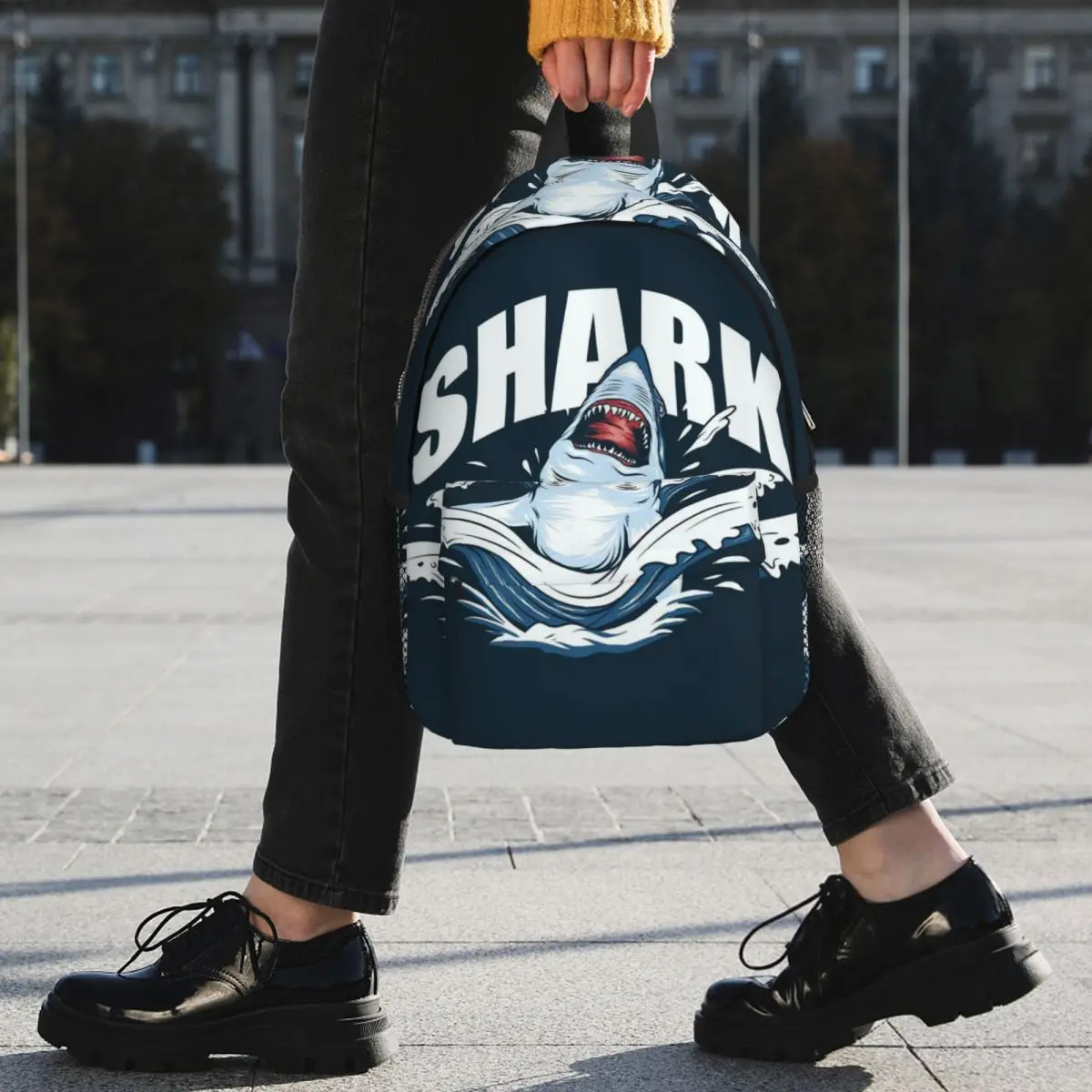 Hand Drawn Stylized Shark Cartoon Backpack Student BookBag Children School Bag Laptop Shoulder Bags for Men Women
