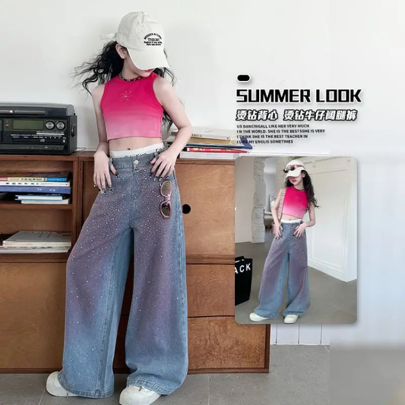 Teen Girls Jeans Spring Autumn New Hotfix Rhinestone Wide-leg Denim Pants For 5 6 8 10 12 14 Years Girls Fashion Trousers