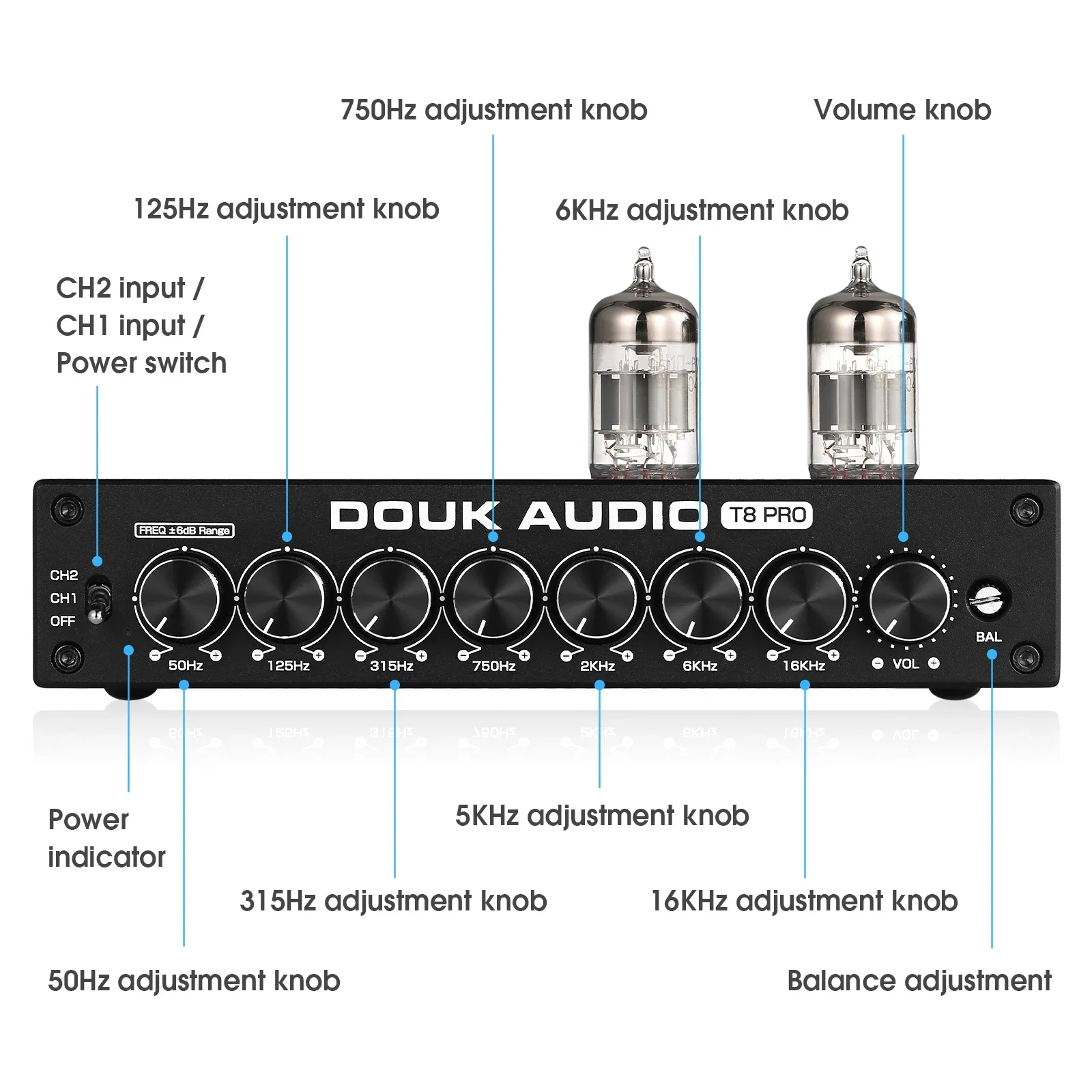 Douk Audio T8PRO HiFi Valve Tube Stereo Balanced XLR/RCA Preamp 7-band EQ Equalizer Home for Home Speaker with Tone Control