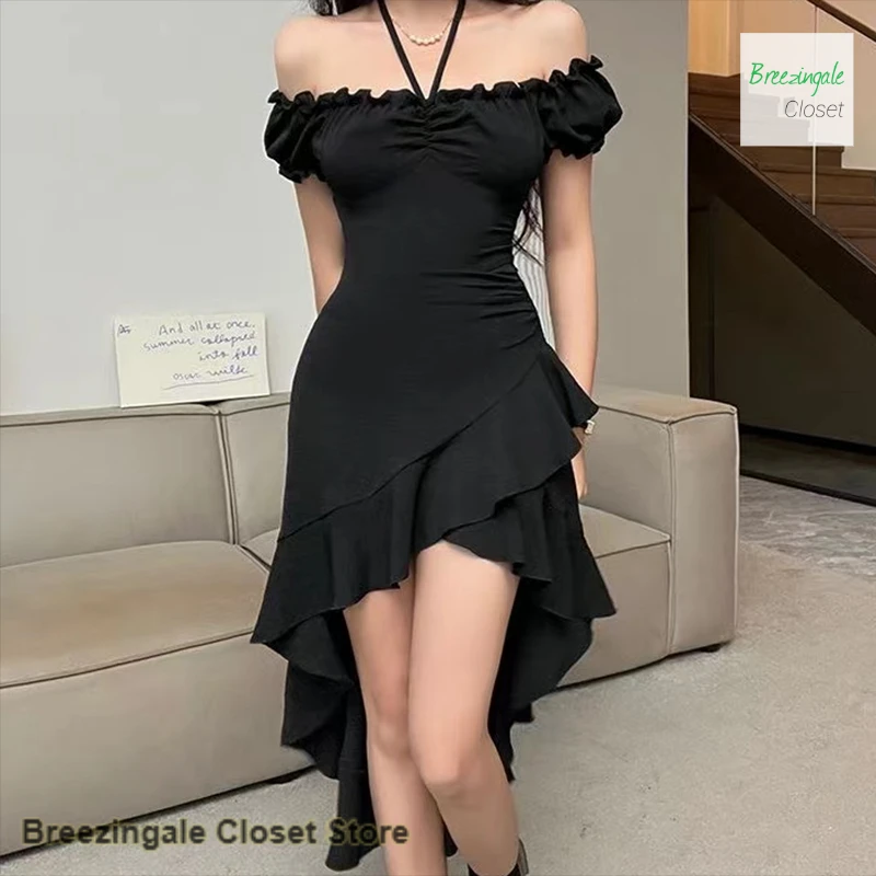 

Korean-style black ruffled irregular dress female summer new fashion temperament shoulder waist sexy hanging neck strap skirt.