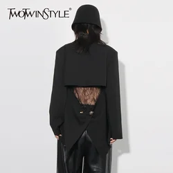 TWOTWINSTYLE Solid Sexy Hollow Out Spliced Pocket Blazer Notched Collar Long Sleeve Patchwork Button Temperament Blazers Female