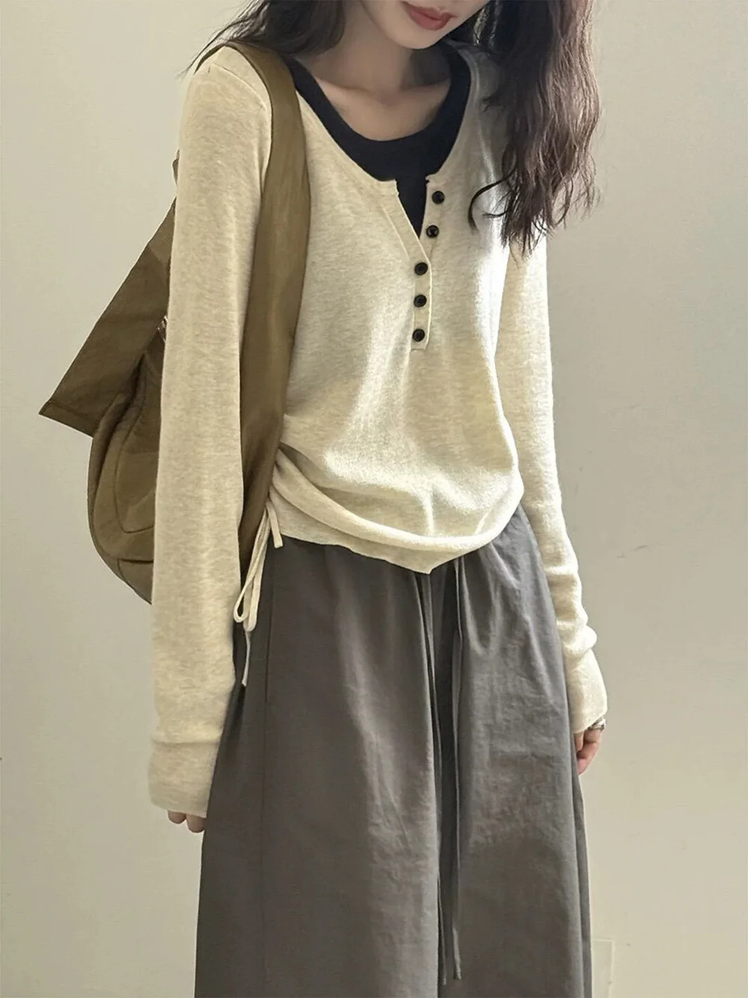 French Style Slim Fit Knitted Sweater Women's Autumn Fashion Henry Collar Fake Two-Piece Color Block Design Casual Wear